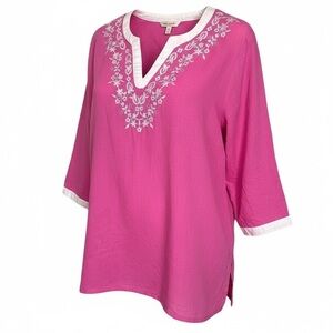 Pink w White Trim, 3/4 Sleeves, Embroidered, Linen/Cotton Tunic
